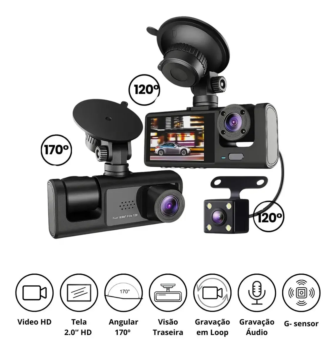 Câmera Veicular Automotiva 3 Em 1 Full Hd